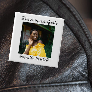 Voor altijd in ons hart stijlvolle witte foto begr vierkante button 5,1 cm
