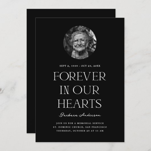 Voor altijd in ons hart | Zwarte begrafenis Kaart (Voorkant / Achterkant)