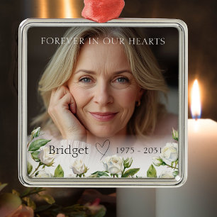 Voor Altijd In Onze Hart Witte Rozen Herdenking Metalen Ornament