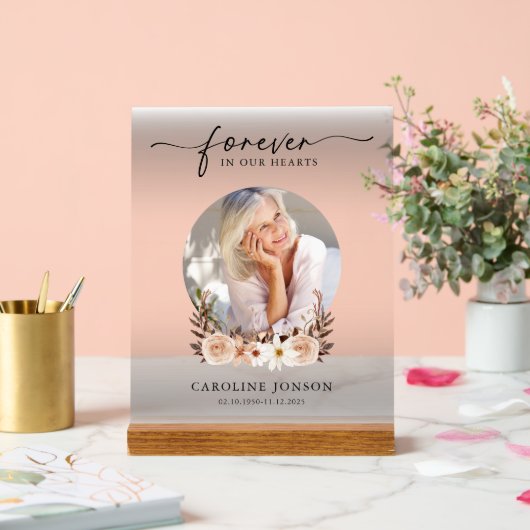 Voor altijd in onze harten begrafenisdienst acryl bord (Huwelijk)