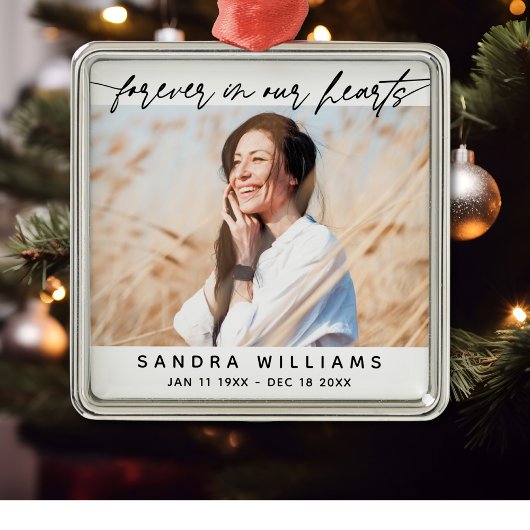 Voor altijd in onze harten Eenvoudig Script Tribut Metalen Ornament