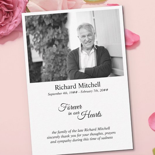 Voor altijd in onze harten Eenvoudige zwart-wit Fo Bedankkaart