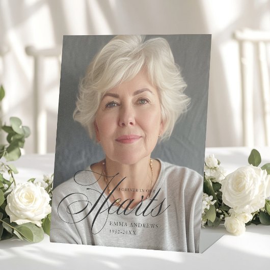 "Voor altijd in onze harten" Foto-rouwmonument  Reclamebord Met Voetstuk