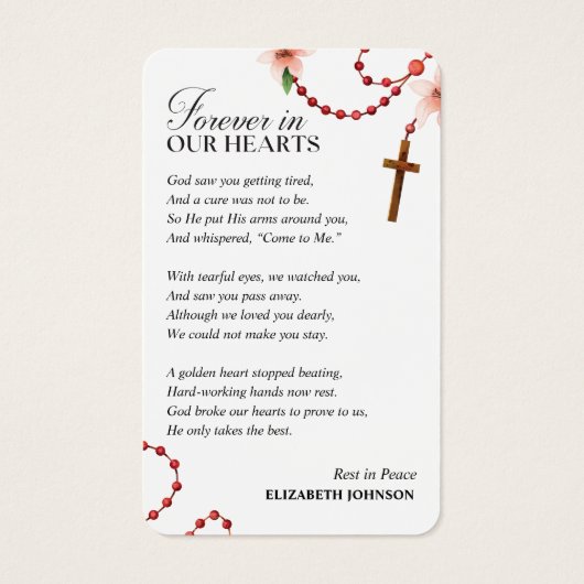 Voor altijd in onze harten gedenkteken begrafenis  visitekaartje (Achterkant)