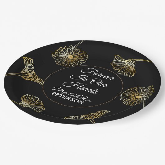 Voor altijd in onze harten Gouden Bloemen Begrafen Papieren Bordje (Gekanteld)