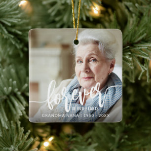 Voor altijd in onze harten handlettering 2 foto's keramisch ornament