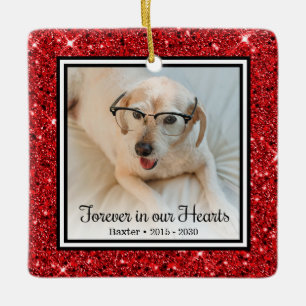Voor Altijd in Onze Hartjes Rode Glitter Hond Gede Keramisch Ornament