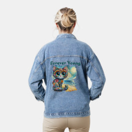 Voor altijd jong grillig bloemen kitty kat schilde denim jacket
