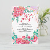 Voor altijd jonge pioenen en rozen jarig kaart (Staand voorkant)