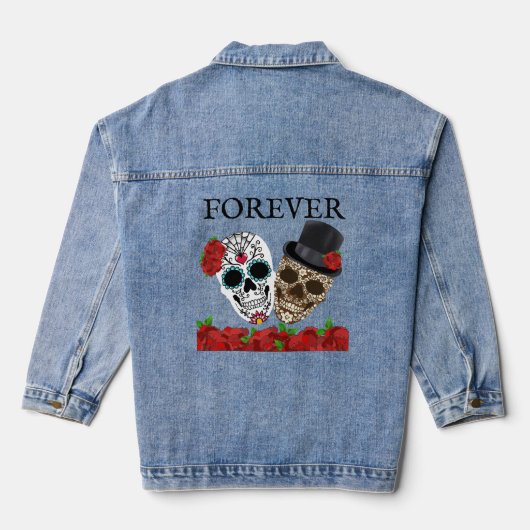 Voor altijd  Sugar Skulls Paar Rode Rozen Denim Jacket (Achterkant)