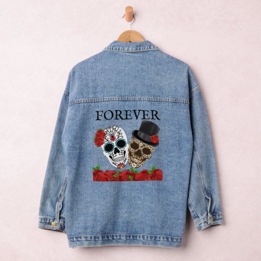 Voor altijd Sugar Skulls Paar Rode Rozen Denim Jacket (Hangar)