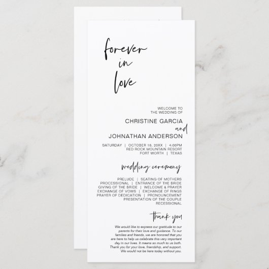 Voor altijd verliefd, Modern minimalistisch huweli Programmakaart (Voorkant / Achterkant)