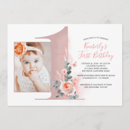 Voor Baby Meisje | Roze 1e Verjaardagsfeest Foto Kaart
