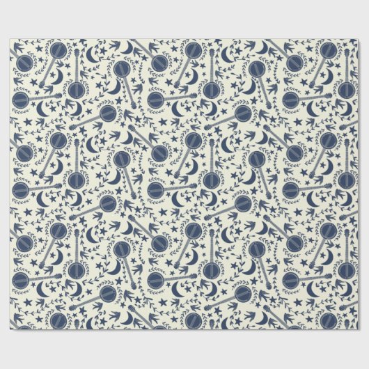 Voor Banjo Players Blue en Cream Folk Art Pattern Cadeaupapier (Vlak)