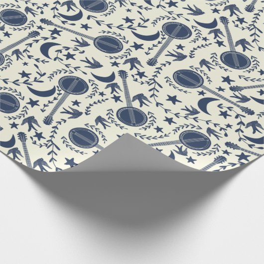 Voor Banjo Players Blue en Cream Folk Art Pattern Cadeaupapier (Hoek)