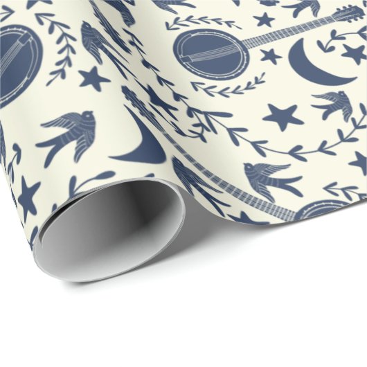 Voor Banjo Players Blue en Cream Folk Art Pattern Cadeaupapier (Rol Hoek)