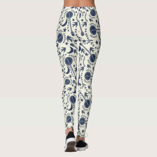 Voor Banjo Players Blue en Cream Folk Art Pattern Leggings (Achterkant)