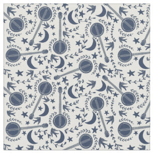 Voor Banjo Players Blue en Cream Folk Art Pattern Stof