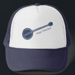 Voor Banjo-spelers Blauw en Wit Aangepast Bericht Trucker Pet<br><div class="desc">Voeg de naam van je bluegrassband, je eigen grappige slogan of de naam van je favoriete banjo-speler toe aan creëer een van een soort pet. Dit pet is een illustratie van een banjo in blauw van de marine met uw eigen boodschap die is uitgestippeld in het coördineren van blauwe letters....</div>