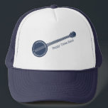 Voor Banjo-spelers Blauw en Wit Aangepast Bericht Trucker Pet<br><div class="desc">Voeg de naam van je bluegrassband, je eigen grappige slogan of de naam van je favoriete banjo-speler toe aan creëer een van een soort pet. Dit pet is een illustratie van een banjo in blauw van de marine met uw eigen boodschap die is uitgestippeld in het coördineren van blauwe letters....</div>
