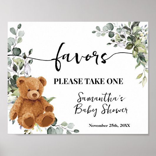 Voor Beer Greenery Eucalyptus Baby shower Sign Poster (Voorkant)