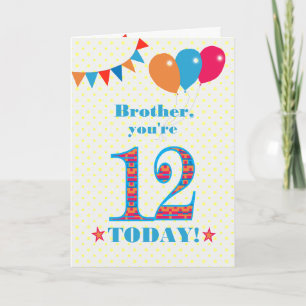 Voor Broer 12th Birthday Bunting Balloons Kaart