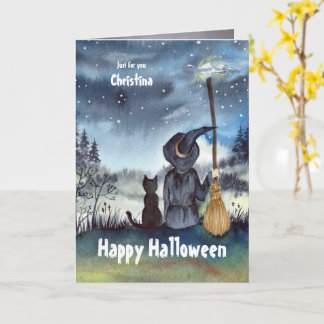Voor Christina op Halloween Custom Black Cat Witch Kaart