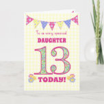 Voor Daughter 13th Birthday Primroses Bunting Kaar Kaart<br><div class="desc">Een 13e Birthday kaart voor uw dochter, met polkadop, primrose bloemen en getallen gevuld met een primrose patroon, allemaal op een bleek gele achtergrond van gingham. De boodschap aan de voorzijde is: "Naar een zeer speciale DAUGHTER 13 VANDAAG!" Het binnenbericht is slechts een suggestie en u kunt het gemakkelijk personaliseren...</div>