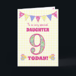 Voor Daughter 9th Birthday Primroses Bunting Kaart<br><div class="desc">Een 9de verjaardag-kaart voor uw dochter, met polka-stip, primrose-bloemen en getallen gevuld met een primrose-patroon, allemaal op een bleek gele achtergrond van gingham. De boodschap aan de voorzijde is: "Naar een zeer speciale DAUGHTER 9 VANDAAG!" Het binnenbericht is slechts een suggestie en u kunt het gemakkelijk personaliseren of het schrappen...</div>