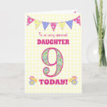 Voor Daughter 9th Birthday Primroses Bunting Kaart<br><div class="desc">Een 9de verjaardag-kaart voor uw dochter, met polka-stip, primrose-bloemen en getallen gevuld met een primrose-patroon, allemaal op een bleek gele achtergrond van gingham. De boodschap aan de voorzijde is: "Naar een zeer speciale DAUGHTER 9 VANDAAG!" Het binnenbericht is slechts een suggestie en u kunt het gemakkelijk personaliseren of het schrappen...</div>