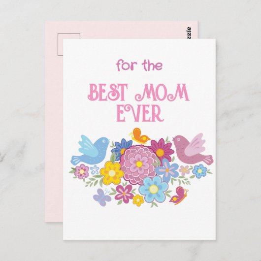 Voor de beste moeder ooit bloemen en vlinders, vog briefkaart (Voorkant / Achterkant)