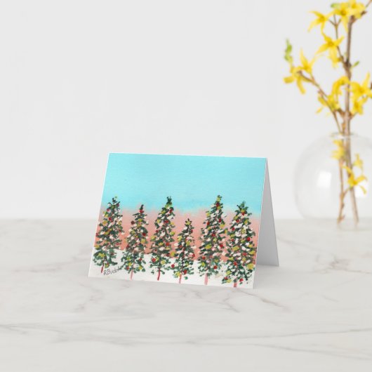Voor de dageraad rij van kleurrijke kerstbomen kaart (Gele Bloem)