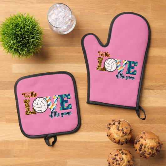 Voor de liefde van de Game Volleyball Mam Leopard Ovenwant & Pannenlap Set (Top down)