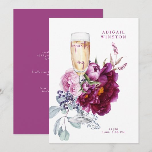 Vóór de Ring Champagne Magenta Bridal Uitnodiging (Voorkant / Achterkant)