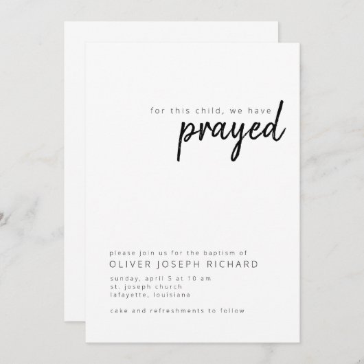 Voor dit kind hebben we een uitnodiging tot baptis (Voorkant / Achterkant)