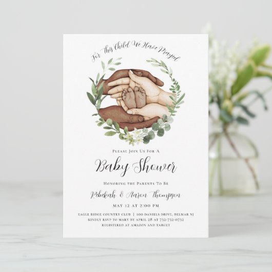 Voor dit kind hebben we gebeden Baby shower uitnod Kaart (Staand voorkant)