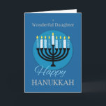 Voor Dochter Chanoeka Menorah op Donkerblauw Kaart<br><div class="desc">Dit is een prachtige kaart waarmee je een geweldige dochter kunt verrassen zodra de Chanoeka-feestdagen eindelijk arriveren. De binnenkant deelt een van de meest oprechte boodschap voor haar,  terwijl de buitenkant een Menorah heeft.</div>