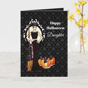 Voor Dochter op Halloween Lady Witch met Broom Kaart