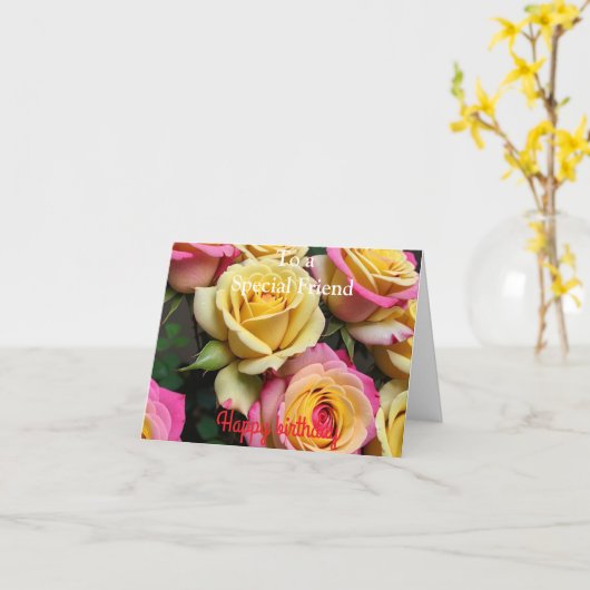 Voor een speciale vriend roze gele rozen verjaarda kaart (Gele Bloem)