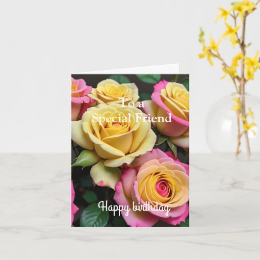 Voor een speciale vriend roze gele rozen verjaarda kaart (Gele Bloem)