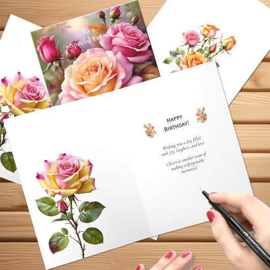 Voor een speciale vriend roze gele rozen verjaarda kaart