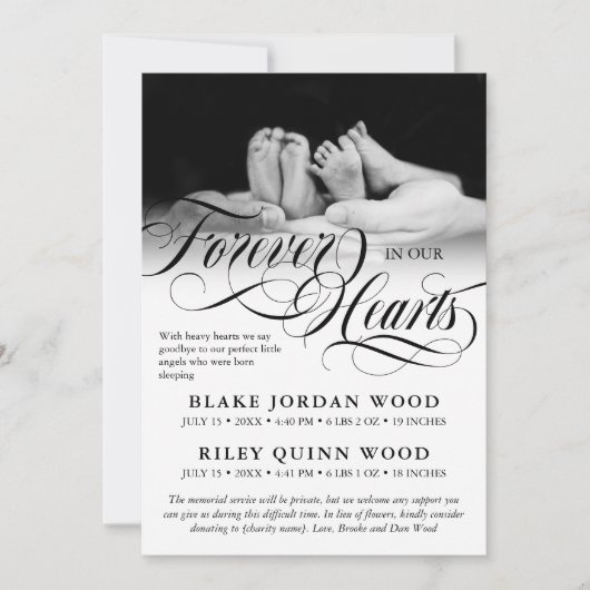 Voor eeuwig in ons hart Tweelingen Baby Memorial Aankondiging (Voorkant)