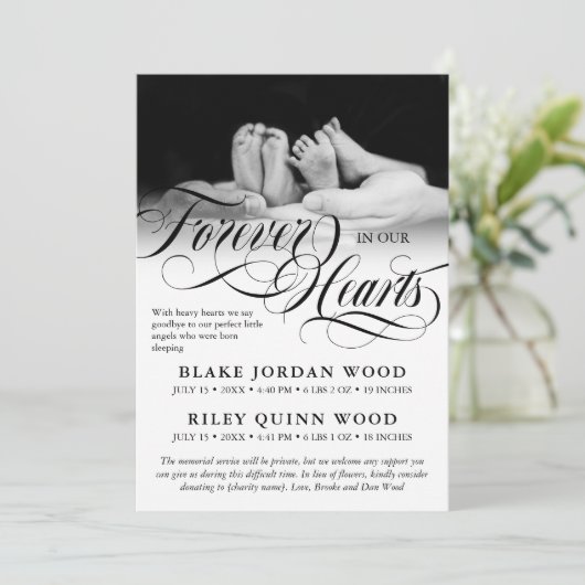 Voor eeuwig in ons hart Tweelingen Baby Memorial Aankondiging (Staand voorkant)