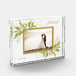 Voor ever Bride Groom Wedding Fotoblokken<br><div class="desc">Dit charmante fotoblok bevat uw favoriete foto omringd met een prachtige rand van groene en gouden bladeren. VERANDERT de datum naar het huidige jaar of u kunt deze verwijderen of meer informatie toevoegen. Geweldig als geschenk of om je favoriete foto in je eigen huis weer te geven. *VERTICALE lay-out voor...</div>