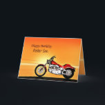 Voor Foster son, zonsondergang motorfiets Kaart<br><div class="desc">Een motorfiets zoals een Harley die bij het zee staat met een glorieuze oranje zonsondergang. Een geweldige kaart voor iedereen die van fietsen en motorfietsen houdt.Bekijk het hele scala aan kaarten voor leeftijden en relaties in mijn winkel. Alle auteursrecht op illustraties Norma Cornes</div>