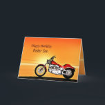 Voor Foster son, zonsondergang motorfiets Kaart<br><div class="desc">Een motorfiets zoals een Harley die bij het zee staat met een glorieuze oranje zonsondergang. Een geweldige kaart voor iedereen die van fietsen en motorfietsen houdt.Bekijk het hele scala aan kaarten voor leeftijden en relaties in mijn winkel. Alle auteursrecht op illustraties Norma Cornes</div>
