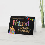 Voor Friend Chic Candles, Bunting Birthday Card Kaart<br><div class="desc">Een heldere en kleurrijke Birthday-kaart voor een Vriend van elke leeftijd,  met Birthday Cake Candles,  Bunting and Stars en het woord 'Vriend' in patterned lettering,  geschetst in goudeffect (geen metallische inkt) en Happy Birthday,  ook in goudeffect,  allemaal op een zwarte achtergrond. Een digitaal ontwerp van Judy Adamson.</div>