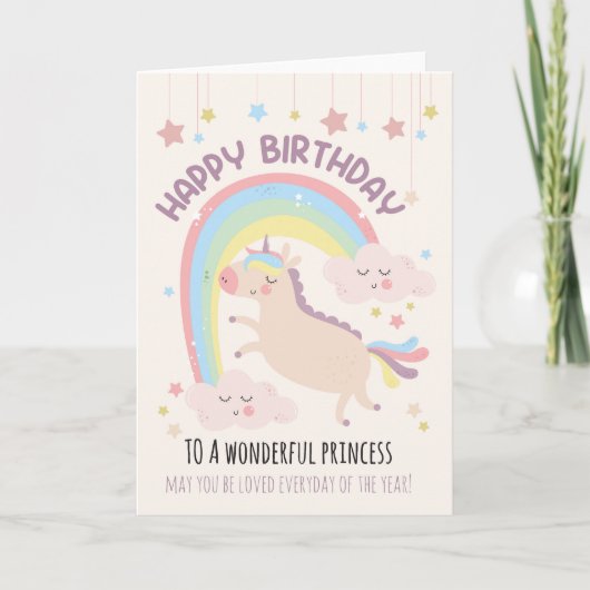 Voor Girl Cute Rainbow en Unicorn Birthday Kaart (Voorkant)