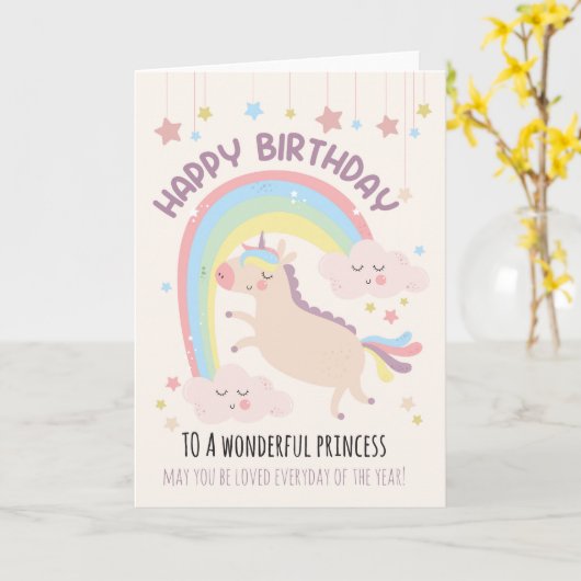 Voor Girl Cute Rainbow en Unicorn Birthday Kaart (Gele Bloem)