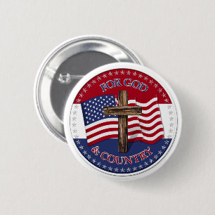Voor God En Land - Kruis met 50 sterren VS Vlag Ronde Button 5,7 Cm